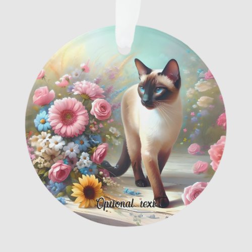 Beautiful Siamese Cat and Flowers Ornament