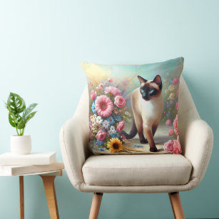Beautiful Siamese Cat and Flowers Throw Pillow