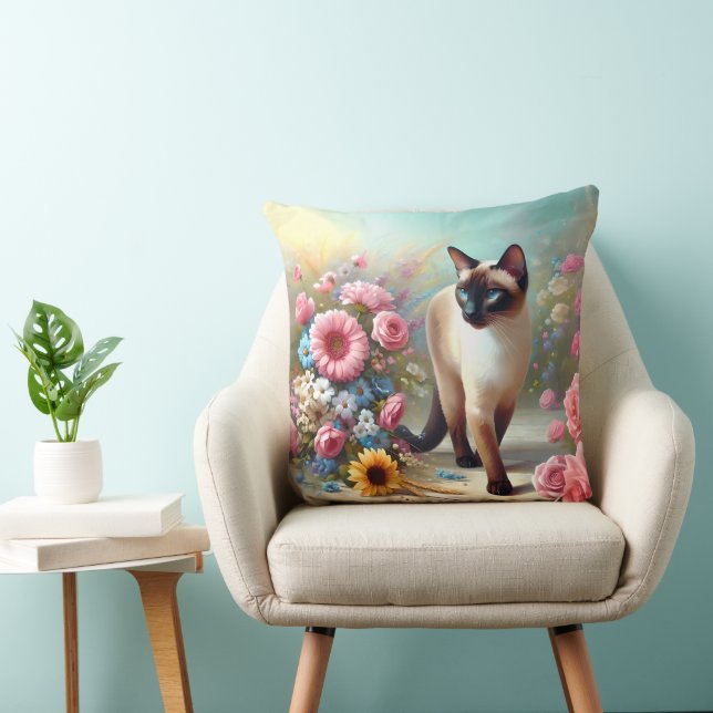 Beautiful Siamese Cat and Flowers Throw Pillow (Chair)
