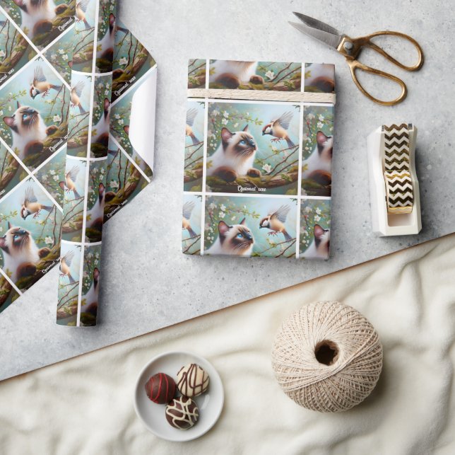 Beautiful Siamese Cat and Sparrow Wrapping Paper (Crafts)