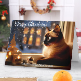 Beautiful Siamese Cat by Window Festive Christmas Holiday Card