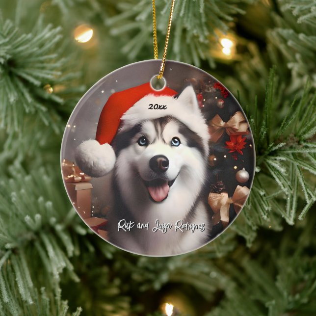 Beautiful Siberian Husky with Santa Hat Ceramic Ornament (Tree)