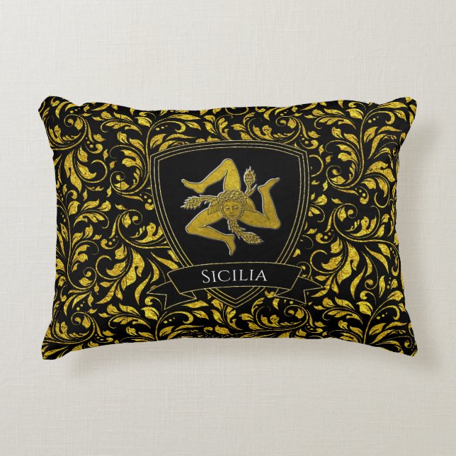 Beautiful Sicilian Trinacria Gold and Black Accent Pillow (Front)
