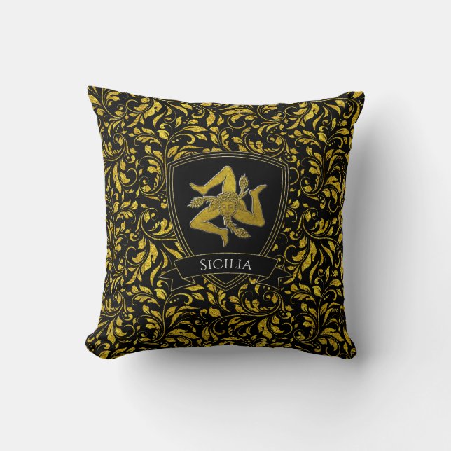 Beautiful Sicilian Trinacria Gold and Black Accent Throw Pillow (Front)