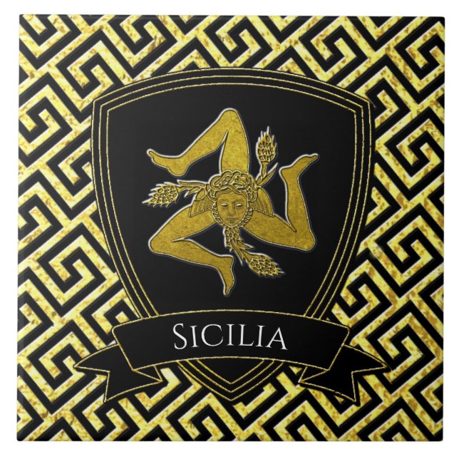 Beautiful Sicilian Trinacria Greek Key Ceramic Tile (Front)