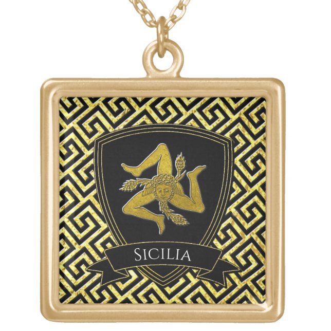 Beautiful Sicilian Trinacria Greek Key  Gold Plated Necklace (Front)