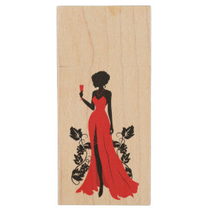Beautiful silhouette of young woman with wineglass wood USB flash drive