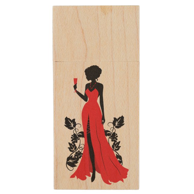 Beautiful silhouette of young woman with wineglass wood USB flash drive (Front Vertical)
