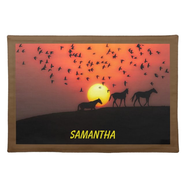 Beautiful Silhouette Sunset with Horses Cloth Placemat (Front)