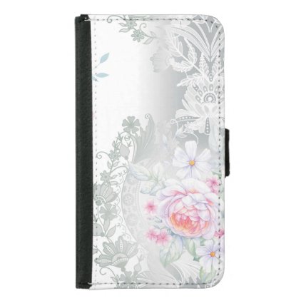 beautiful, silk,damask,pink,roses,vintage,wedding, wallet phone case for samsung galaxy s5