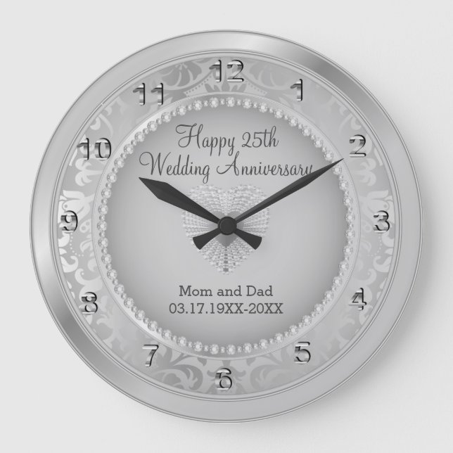 Beautiful Silver 25th Wedding Anniversary Large Clock (Front)