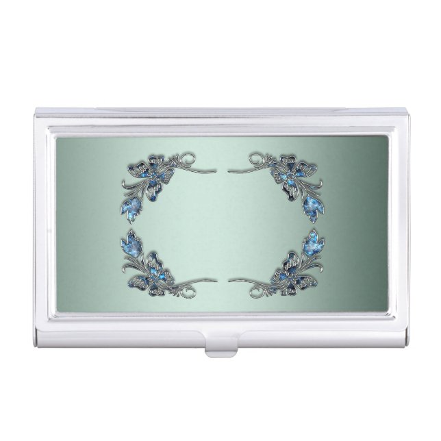 Beautiful silver blue butterfly frame business card case (Front)