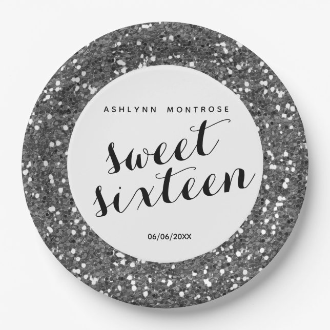 Beautiful Silver Glitter Sweet 16 Paper Plates (Front)