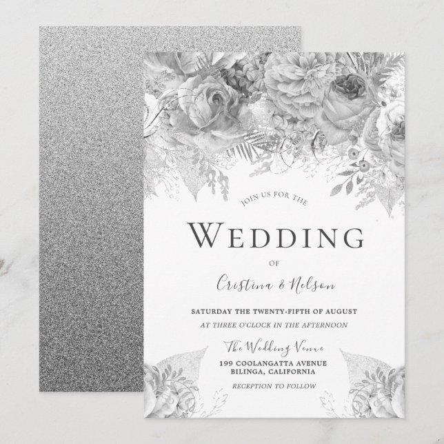 Beautiful Silver Gray Flowers Elegant Wedding Invitation (Front/Back)