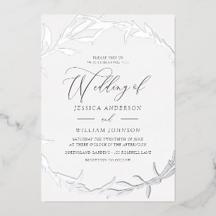 Beautiful Silver Leaf Wreath Foil Wedding Invitation