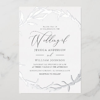Beautiful Silver Leaf Wreath Foil Wedding Invitation