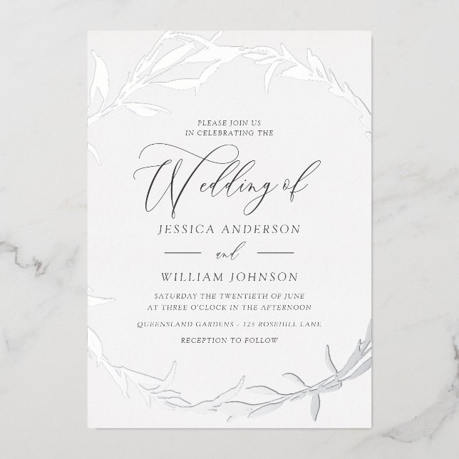 Beautiful Silver Leaf Wreath Foil Wedding Invitation (Front)