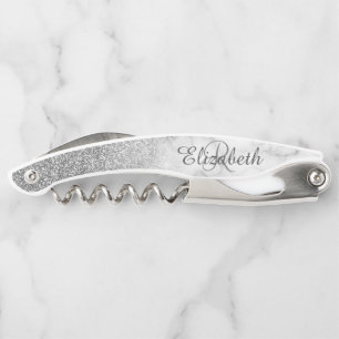 Beautiful Silver Marble Monogram Ombre Glitter Waiter's Corkscrew