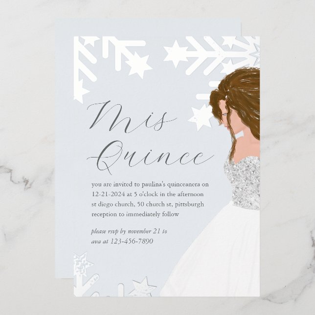 Beautiful Silver Snowflakes Quinceanera  Foil Invitation (Front/Back)