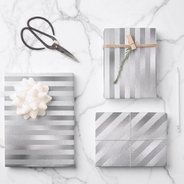 Beautiful Silver Striped Wedding  Wrapping Paper Sheets (Front)