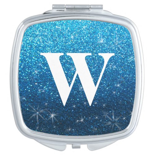Beautiful Simple Elegant Blue Glitter Monogram Compact Mirror