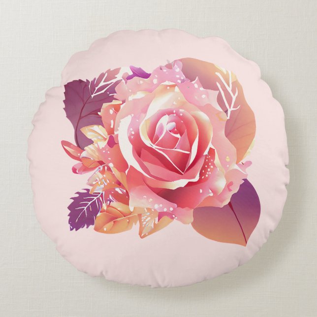 Beautiful Single Pink Rose Round Pillow (Front)