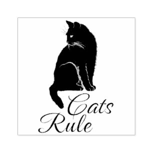 Beautiful Sitting Cat with "Cats Rule" Text Rubber Stamp