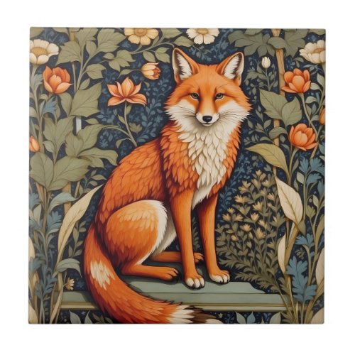 Beautiful Sitting Red Fox William Morris Inspired  Ceramic Tile