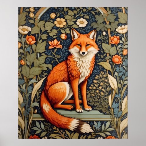 Beautiful Sitting Red Fox William Morris Inspired  Poster