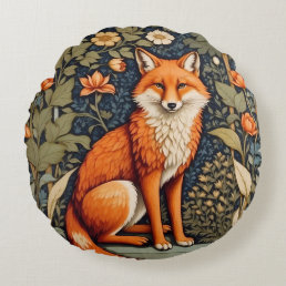 Beautiful Sitting Red Fox William Morris Inspired  Round Pillow