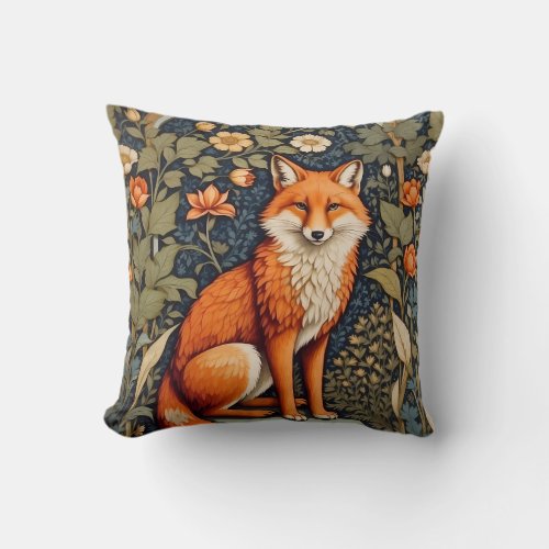 Beautiful Sitting Red Fox William Morris Inspired  Throw Pillow