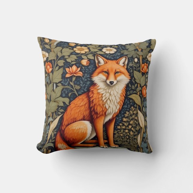 Beautiful Sitting Red Fox William Morris Inspired  Throw Pillow (Front)
