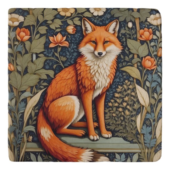 Beautiful Sitting Red Fox William Morris Inspired  Trivet (Front)