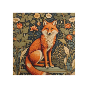 Beautiful Sitting Red Fox William Morris Inspired  Wood Wall Art
