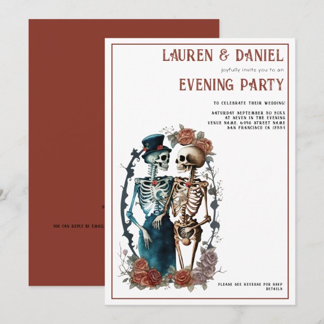 Beautiful Skeleton Couple QR Wedding Evening Party Invitation (Front/Back)