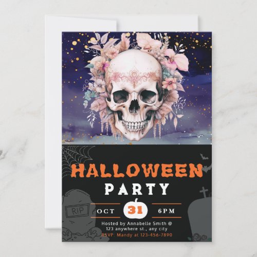 Beautiful Skull with Flowers Black Halloween Invitation