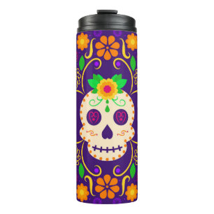 Beautiful Skull with Flowers Día de los Muertos Thermal Tumbler