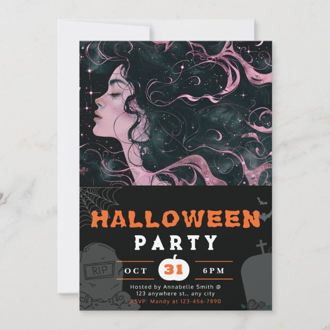 Beautiful Sky Goddess Pink Black Halloween Invitation (Front)