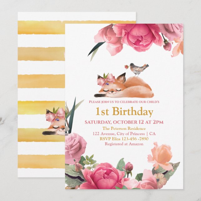 Beautiful Sleepy Fox and Flowers 1st Birthday Invitation (Front/Back)
