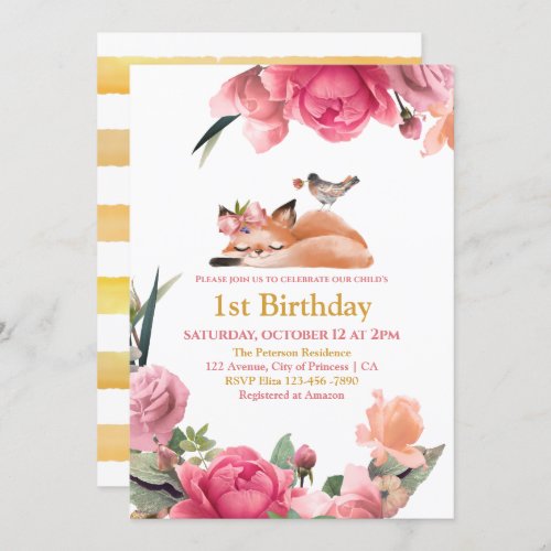 Beautiful Sleepy Fox and Flowers 1st Birthday Invitation