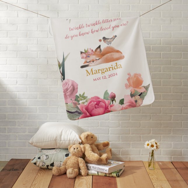 Beautiful Sleepy Fox and Flowers Baby Girl Blanket (In Situ)