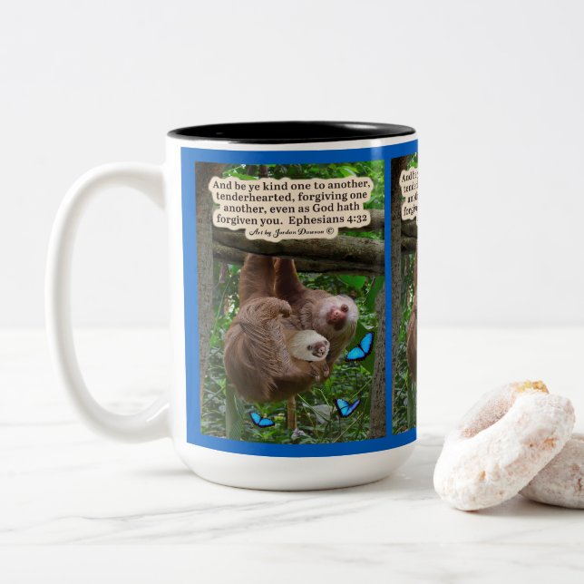 Beautiful Sloth Scripture: Ephesians 4:32 Two-Tone Coffee Mug (With Donut)