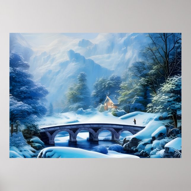 Beautiful snow filled landscape with stone bridge poster (Front)