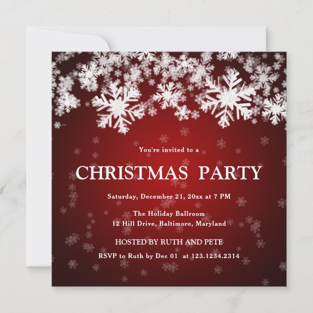 Beautiful Snowflakes Christmas Party Red Invitation (Front)