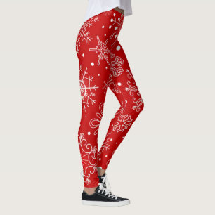 Beautiful Snowflakes on Red Background Christmas Leggings