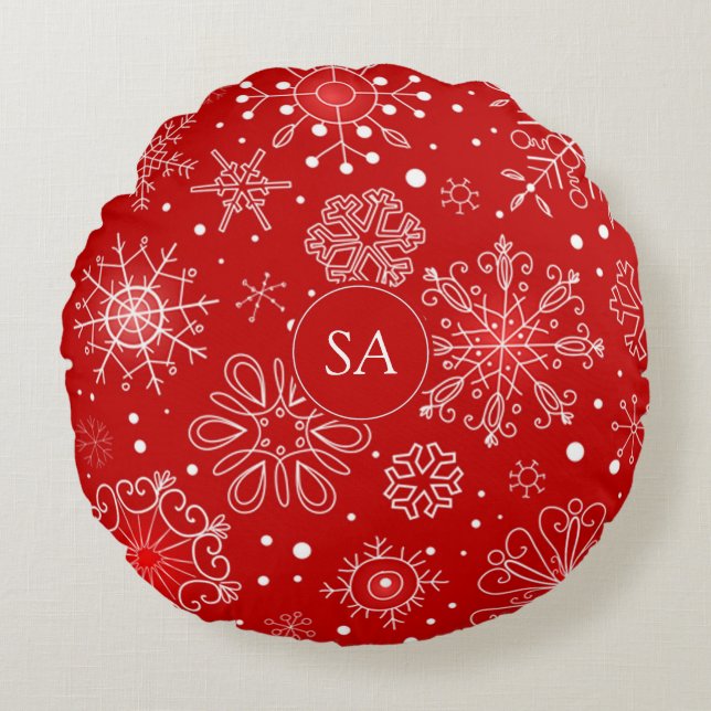 Beautiful Snowflakes on Red Background Christmas Round Pillow (Front)