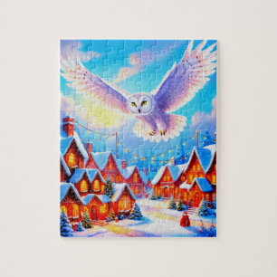 Beautiful Snowy Owl Flying Over Christmas Village Jigsaw Puzzle