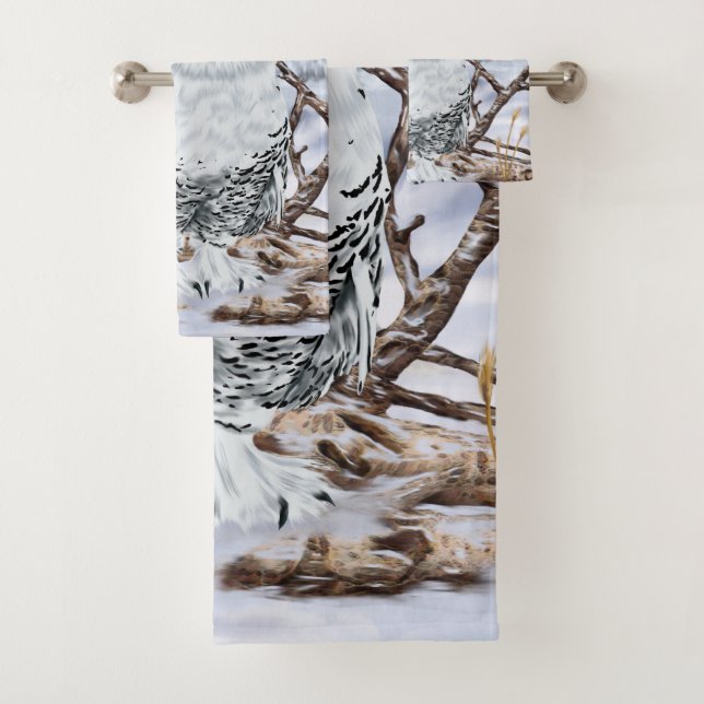 Beautiful Snowy Owl in Snow Print Bath Towel Set (Insitu)