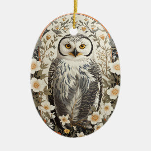 Beautiful Snowy Owl William Morris Inspired Ceramic Ornament