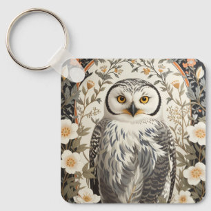 Beautiful Snowy Owl William Morris Inspired Keychain